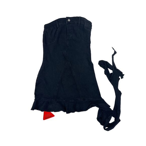EGO - Frill Side Bandeau Denim Mini Dress in Black - Picture 1 of 5